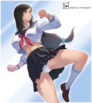 Rule 34 | 1girl, absurdres, black hair, black skirt, blue sailor collar, blue scrunchie, bracelet, breasts, brown shoes, closed mouth, commentary request, cropped shirt, fighting stance, final fantasy, final fantasy vii, final fantasy vii: ever crisis, foot out of frame, foot up, hair ornament, hair scrunchie, hairclip, highres, jewelry, kneehighs, large breasts, light blush, long hair, looking to the side, low-tied long hair, midriff, miniskirt, navel, neckerchief, official alternate costume, panties, pantyshot, pleated skirt, red eyes, red neckerchief, sailor collar, school uniform, scrunchie, serafuku, shirt, shoes, signature, skirt, socks, solo, sweatdrop, thighs, tifa lockhart, tifa lockhart (midgard seventh high school), tomo eokaiteru, underboob, underwear, white panties, white serafuku, white shirt, white socks