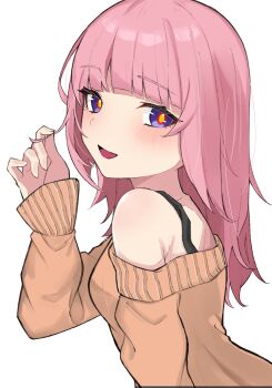 1girl bare_shoulders blue_eyes blush hair_down highres kaf_(kamitsubaki_studio) kamitsubaki_studio long_hair looking_at_viewer off-shoulder_sweater off_shoulder pink_hair smile solo sweater tekomaru yellow_pupils