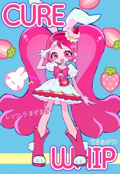 1girl animal_ears black_hairband blush_stickers boots bow character_name cupcake cure_whip dress food fruit full_body fymrie gloves hairband highres kirakira_precure_a_la_mode long_hair open_mouth pink_boots pink_bow pink_hair precure puffy_short_sleeves puffy_sleeves rabbit_ears short_sleeves solo strawberry translation_request usami_ichika very_long_hair white_dress white_gloves