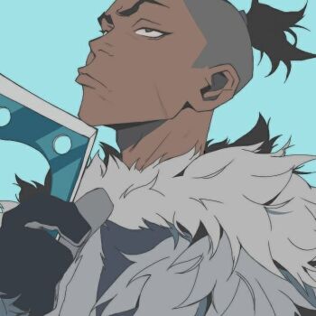 1boy aqua_background avatar:_the_last_airbender avatar_legends black_eyes black_gloves black_hair blue_background closed_mouth dark-skinned_male dark_skin fur_trim gloves holding holding_mask holding_weapon looking_up male_focus mask non-web_source pontyk_blya sokka solo undercut unworn_mask upper_body weapon