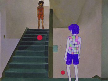1990s_(style) 2boys animated animated_gif brown_hair checkered_clothes colored_skin dark-skinned_male dark_skin dual_persona indoors kel_(faraway)_(omori) kel_(headspace)_(omori) kel_(omori) male_focus multiple_boys omori orange_shoes orange_shorts purple_hair purple_shorts retro_artstyle sapgoon shoes short_hair shorts sneakers stairs tank_top white_skin