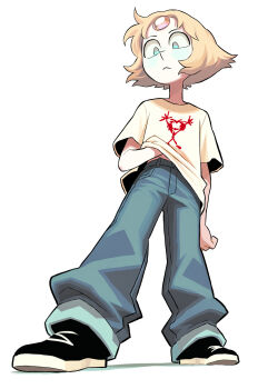 1girl absurdres alternate_costume blush fawken forehead_jewel gem gem_(steven_universe) highres pearl_(species)_(steven_universe) pearl_(steven_universe) pointy_nose shirt short_hair solo steven_universe