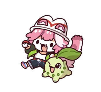 1girl :3 animal_ear_headwear animal_ears blue_shoes blue_shorts chikorita commentary english_commentary fake_animal_ears fang gen_2_pokemon green_jacket hat highres holding holding_poke_ball hololive hololive_english jacket long_sleeves medium_hair mochigome_(h0_pj) multicolored_hair nintendo one_eye_closed open_mouth panther_ears panther_girl panther_tail pink_hair pink_tail poke_ball poke_ball_(basic) pokemon pokemon_(creature) pokemon_legends:_z-a raora_panthera shirt shoes shorts simple_background smile solid_oval_eyes streaked_hair tail two-tone_hair virtual_youtuber white_background white_hat white_shirt