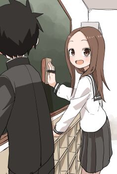 Rule 34 | 1boy, 1girl, :d, absurdres, black hair, black jacket, black pants, black sailor collar, black skirt, blush, board eraser, brown eyes, brown hair, chalkboard, commentary request, facing away, gakuran, highres, indoors, jacket, karakai jouzu no takagi-san, locker, long hair, long sleeves, looking at another, looking to the side, nishikata, official art, open mouth, pants, parted bangs, pleated skirt, sailor collar, school uniform, serafuku, shirt, skirt, smile, standing, takagi-san, white shirt, yamamoto souichirou