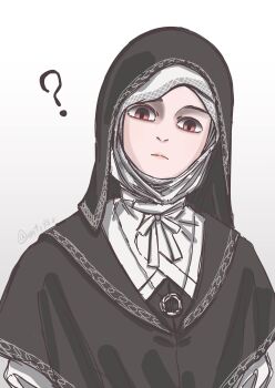 Rule 34 | 1girl, ?, absurdres, black capelet, black hood, brown eyes, capelet, closed mouth, coif, commentary request, elden ring, elden ring nightreign, highres, jewelry, motizou, necklace, nun, simple background, solo, undertaker (elden ring), upper body, white background