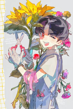 Rule 34 | 1boy, ;d, absurdres, apron, black hair, blue apron, blush, chinese text, collared shirt, commentary request, dianthus, elbow carry, florist, flower, from side, gloves, grey background, grid, highres, holding, holding flower, holding scissors, looking at viewer, looking to the side, male focus, maruko gaku, nasix68, one eye closed, open mouth, parted bangs, pink flower, pink ribbon, pocket, red eyes, red flower, ribbon, scissors, shirt, short hair, short sleeves, simple background, smile, solo, teeth, the hundred line -last defense academy-, translation request, upper teeth only, white gloves, white shirt, yellow flower