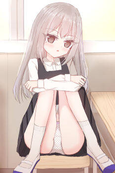 1girl absurdres black_dress blush bow bow_panties brown_eyes chair classroom crotch_seam desk dress grey_hair highres hugging_own_legs lace lace-trimmed_panties lace_trim loli long_hair long_sleeves looking_at_viewer open_mouth original panties pink_bow polka_dot polka_dot_panties school_uniform shirt shoes shooko sitting sleeveless sleeveless_dress socks underwear uwabaki white_panties white_shirt white_shoes white_socks window