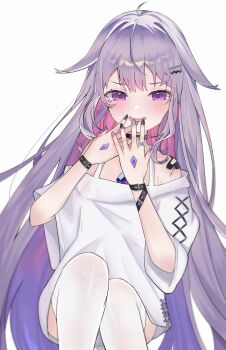 1girl absurdres bandaid black_nails castellayaki casual cracked_skin gem grey_hair highres hololive hololive_english koseki_bijou long_hair nail_polish purple_eyes purple_nails shirt simple_background solo thighhighs very_long_hair virtual_youtuber white_background white_shirt
