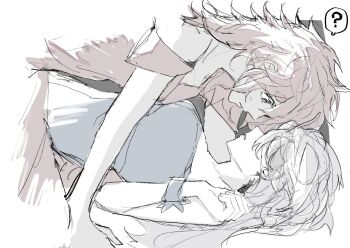 Rule 34 | 2girls, ?, bare shoulders, blue dress, commentary, dress, grey hair, gundam, gundam suisei no majo, highres, long hair, miorine rembran, multiple girls, off-shoulder dress, off shoulder, parted lips, red dress, red hair, she (morianosu), spoken question mark, suletta mercury, yuri