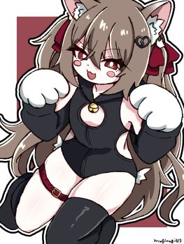 1girl :3 :d animal_ear_fluff animal_ears animal_hands artist_name asymmetrical_legwear bell belt black_bodysuit black_outline black_socks blush_stickers bodysuit border brown_hair cat_ears cleavage_cutout clothing_cutout evil_neuro-sama gloves hair_between_eyes hair_ribbon hands_up hashtag-only_commentary highres long_hair long_sleeves looking_at_viewer mgmg_mgmg neck_bell neuro-sama open_mouth outline outside_border paw_gloves raised_eyebrow red_background red_eyes red_ribbon ribbon shoulder_cutout side_cutout single_thighhigh smile socks solo thigh_belt thigh_strap thighhighs two_side_up uneven_legwear v-shaped_eyebrows vedal_ai very_long_hair wavy_hair white_border white_outline