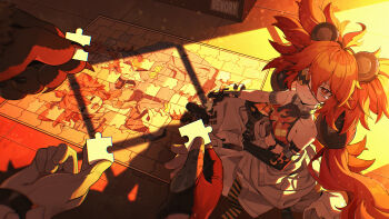 2boys 2girls absurdres animal_ear_hairband animal_ears anton_ivanov armlet asymmetrical_gloves bare_shoulders bear_ear_hairband bear_ears ben_bigger black_gloves chinese_commentary closed_mouth collar commentary_request crop_top elbow_gloves eyepatch fake_animal_ears fingerless_gloves flame_print gloves grace_howard hair_ornament hairband halterneck highres hyny jewelry jigsaw_puzzle jumpsuit jumpsuit_around_waist khors_belobog koleda_belobog light_blush long_hair looking_at_viewer low_twintails metal_collar midriff multiple_boys multiple_girls navel on_floor puzzle puzzle_piece red_eyes red_hair single_elbow_glove sitting smile solo_focus sphere_hair_ornament twintails uneven_gloves white_jumpsuit zenless_zone_zero