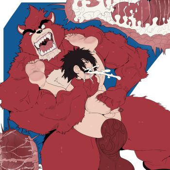 2boys absurdres age_difference anal anal_cross-section bakemono_no_ko bara blank_eyes closed_eyes commentary cross-section cum cum_inflation ejaculation english_commentary erection feet folded furry furry_male furry_with_non-furry highres huge_penis inflation insaneeighteen internal_cumshot interspecies kumatetsu kyuuta_(bakemono_no_ko) male_focus multiple_boys muscular muscular_male open_mouth penis punching reverse_suspended_congress sex_from_behind short_hair shota stomach_punch testicles thick_arms uncensored veins veiny_penis yaoi