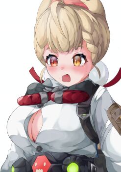 1girl :o alice_thymefield animal_ears blonde_hair blush breasts commentary_request embarrassed hair_ornament heterochromia highres manbou_(wjxj5237) no_bra open_clothes open_mouth open_shirt partially_unbuttoned rabbit_ears red_eyes shirt simple_background solo sphere_hair_ornament tears twintails white_background white_shirt yellow_eyes zenless_zone_zero