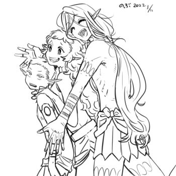 1boy 2girls ^_^ arm_tattoo armor bare_shoulders boy_and_girl_sandwich closed_eyes cowboy_shot dated dress dungeon_meshi elf facing_to_the_side fleki greyscale grin hair_tubes hand_on_another's_shoulder hand_tattoo height_difference imminent_hug long_hair looking_at_viewer looking_to_the_side low_twintails lycion monochrome multiple_girls notched_ear otta_(dungeon_meshi) pointy_ears queue sandwiched shin_(ikntig1122) short_hair simple_background sleeveless sleeveless_dress smile tattoo thighhighs topless_male tunic twintails very_long_hair