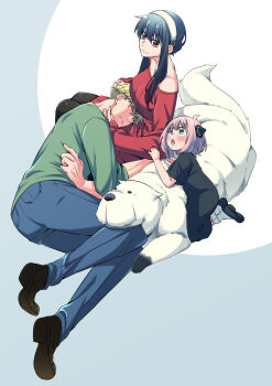 Rule 34 | 1boy, 2girls, anya (spy x family), black hair, blonde hair, blush, bond (spy x family), breasts, dog, dress, family, father and daughter, great pyrenees, hairband, hairpods, highres, husband and wife, kamimiya, large breasts, long hair, mother and daughter, multiple girls, off-shoulder sweater, off shoulder, open mouth, sidelocks, smile, spy x family, sweater, sweater dress, twilight (spy x family), white dog, yor briar