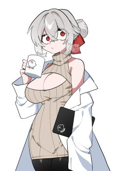 :/ absurdres asagiri_(oimotororo1116) bare_shoulders black_pantyhose bow breast_cutout breasts brown_sweater coat coffee_mug commentary_request constricted_pupils cowboy_shot crazy_eyes crossed_bangs cup double-parted_bangs dress hair_bow hair_bun hair_intakes hand_up highres holding holding_cup lab_coat looking_at_viewer medium_breasts mug oimotororo1116 open_clothes open_coat original pantyhose red_bow red_eyes ribbed_sweater sidelocks signature sleeveless sleeves_past_fingers sleeves_past_wrists standing sweater sweater_dress virgin_killer_sweater white_background white_coat