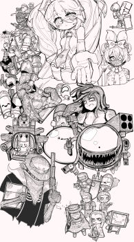 6+boys 6+girls a.t.p._engineer_(madness_combat) absurdres ammoconda_(enter_the_gungeon) among_us anger_vein animal arm_cannon arrow_(symbol) bandana bandana_around_neck beard beholder belt bird blobulord_(enter_the_gungeon) book bow bow_(weapon) breasts bulging_eyes bullet_hole bullet_kin bullet_king_(enter_the_gungeon) cape castle_crashers character_request chicken cleavage cowboy_hat crewmate_(among_us) crossbow crossover crow crown death_(entity) deimos_(madness_combat) egg_(sa1324575446) enter_the_gungeon everyone extra_arms eyepatch facial_hair finger_on_trigger fish_hook gatling_gull goggles gorgun_(enter_the_gungeon) greyscale grim_reaper grunt_(madness_combat) gun gun_nut_(enter_the_gungeon) hair_between_eyes hair_bow handgun hank_j._wimbleton hat hatsune_miku headset highres holding holding_animal holding_bird holding_book holding_crossbow holding_gun holding_shield holding_sword holding_weapon huge_weapon king knight large_breasts long_hair looking_at_viewer lord_of_the_jammed m202_flash madness_combat mask medical_eyepatch mimic mimic_chest monochrome mouth_mask multiple_boys multiple_crossover multiple_girls multiple_weapons multiple_wielding multishot_rocket_launcher muscular mustache necktie nitra_(enter_the_gungeon) object_head old_king_(enter_the_gungeon) one-eyed outstretched_arm pinhead_(enter_the_gungeon) rayman_limbs revolver ribs robot rocket_launcher sanford_(madness_combat) sawed-off_shotgun shades_(enter_the_gungeon) sharp_teeth shield shirt short_hair shotgun shotgun_kin siblings simple_background sitting skeleton skirt sleeveless sleeveless_shirt slime_(creature) smile smiley_(enter_the_gungeon) smoking snake snake_hair space_marine sparkle sunglasses sword symbol-shaped_pupils teeth the_auditor_(madness_combat) the_beholster_(enter_the_gungeon) the_bullet_(enter_the_gungeon) the_convict_(enter_the_gungeon) the_gunslinger_(enter_the_gungeon) the_hunter_(enter_the_gungeon) the_lich_(enter_the_gungeon) the_marine_(enter_the_gungeon) the_pilot_(enter_the_gungeon) the_robot_(enter_the_gungeon) thighhighs throne triangular_eyewear twins twintails v v-shaped_eyebrows very_long_hair vocaloid weapon white_background x-shaped_pupils