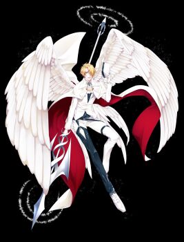 Rule 34 | 1boy, angel wings, ascot, blonde hair, cape, carlyle (pixiv fantasia last saga), commentary request, euro (pixiv08091101), feathered wings, gloves, hair over one eye, hat, highres, holding, holding unworn clothes, holding unworn hat, holding weapon, looking at viewer, male focus, pants, pixiv fantasia, pixiv fantasia last saga, pointy ears, red cape, shoes, smile, solo, thigh strap, two-tone cape, unworn hat, unworn headwear, vest, weapon, white ascot, white cape, white gloves, white pants, white shoes, white vest, white wings, wings