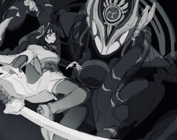 1boy 1girl arm_up black_background blunt_bangs braid bridal_gauntlets floating from_above from_side genshin_impact hair_ornament helmet holding holding_sword holding_weapon japanese_clothes katana kimono long_braid long_hair looking_to_the_side mecha mechanical_arms mitsudomoe_(shape) mole mole_under_eye monochrome mother_and_son mxxu_box official_alternate_costume open_mouth raiden_shogun reaching reaching_towards_another robot sash scaramouche_(genshin_impact) scaramouche_(shouki_no_kami)_(genshin_impact) shade shaded_face single_braid sketch sword thick_thighs thighhighs thighs tomoe_(symbol) weapon wide-eyed