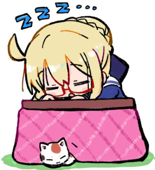 1girl :o =_= animal artoria_pendragon_(fate) blonde_hair blue_shirt blush_stickers braid cat chibi closed_eyes colored_shadow comiket_107 commentary_request fate/grand_order fate_(series) glasses hair_between_eyes hair_bun kasuga_yuuki kotatsu lowres mysterious_heroine_x_alter_(fate) parted_lips red-framed_eyewear sailor_collar semi-rimless_eyewear shadow shirt simple_background sleeping solo table under-rim_eyewear white_background white_sailor_collar zzz