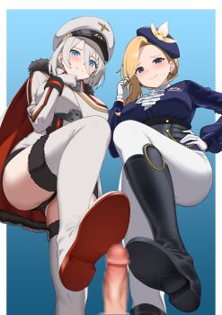 2girls absurdres arm_under_breasts azur_lane black_boots black_panties blonde_hair blue_background blue_eyes blue_hat blush bootjob boots border breasts cape censored commentary commission dress earrings english_commentary foot_out_of_frame footjob fur-trimmed_boots fur-trimmed_cape fur_trim gloves gradient_background hair_between_eyes hand_on_own_chin hand_on_own_hip hat hetero highres hood_(azur_lane) hood_(gentlewoman_and_stallion)_(azur_lane) jacket jewelry large_breasts long_hair long_sleeves looking_at_viewer military_uniform mosaic_censoring multiple_girls panties pants parallelrey peaked_cap penis riding_boots riding_outfit shoe_soles shoejob short_hair smile standing tanaka_atsuko tirpitz_(azur_lane) underwear voice_actor_connection white_boots white_border white_cape white_gloves white_hair white_hat white_pants