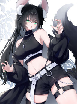 1girl absurdres animal_ear_fluff animal_ears bare_shoulders belt black_hair black_jacket black_shirt black_shorts breasts commentary_request crop_top dog_ears dog_girl dog_tail fingernails green_eyes highleg highres jacket jewelry large_breasts long_hair long_sleeves looking_at_viewer midriff navel necklace off_shoulder open_clothes open_jacket open_mouth original panty_straps sana_(sanamaru_0w0) sharp_fingernails shirt short_shorts shorts single_thighhigh skindentation sleeveless sleeveless_shirt slit_pupils solo stomach tail thigh_strap thighhighs thighs v-shaped_eyebrows very_long_hair white_background