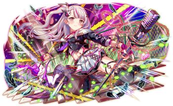 artist_request asymmetrical_legwear belt black_belt black_feathers black_footwear black_garter_straps black_jacket black_skirt black_sleeves blunt_bangs blush boots brown_pantyhose buckle cel_shading chain chain-link_fence character_request choker closed_mouth crash_fever cropped_jacket cross-laced_clothes cross-laced_collar double_horizontal_stripe drawstring eyepatch feathers fence fingerless_gloves full_body game_cg garter_straps gloves guitar hair_ornament heart heart-shaped_lock heart_choker heart_eyepatch heart_ornament holding holding_guitar holding_instrument holding_microphone horizontal-striped_skirt instrument jacket kneeling leather leather_jacket legwear_garter light_particles long_hair microphone midriff mismatched_legwear multicolored_hair navel neckerchief number_print numbered o-ring o-ring_choker o-ring_footwear o-ring_legwear_garter official_art outline pantyhose pleated_skirt pocket purple_choker purple_gloves rabbit rabbit_hair_ornament red_outline sailor_collar sharp_teeth side_ponytail skirt smile snap-fit_buckle solo_focus square square_print streaked_hair striped_clothes striped_collar striped_skirt suspender_skirt suspenders tachi-e tank_top teeth thigh_boots third-party_source transparent_background two-tone_neckerchief very_long_hair white_background white_hair white_rabbit_(animal) white_sailor_collar white_skirt white_tank_top x_hair_ornament yellow_eyes