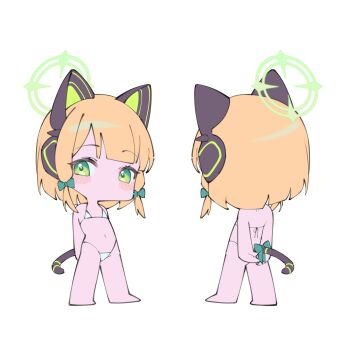 1girl absurdres animal_ear_headphones animal_ears arms_behind_back bikini blonde_hair blue_archive cat_ear_headphones cat_ears chibi fake_animal_ears flat_chest full_body green_eyes headphones highres loli micro_bikini midori_(blue_archive) multiple_views navel solo standing stomach swimsuit yu1_na12