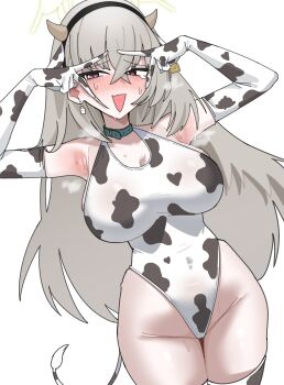 absurdres animal_ear_hairband animal_ears animal_print armpits blue_archive blush breasts choker cleavage collar commentary_request cow_ear_hairband cow_ears cow_girl cow_print cow_print_gloves cow_print_leotard cow_print_thighhighs cow_tail crossed_bangs double_v earrings embarrassed fake_animal_ears fake_horns fake_tail gloves grey_hair groin hair_between_eyes hairband halo highres horn_hairband horns i3eancurd jewelry large_breasts long_hair looking_to_the_side nervous_smile open_mouth print_gloves print_thighhighs red_eyes sakurako_(blue_archive) single_earring smile tail thighhighs thighs v white_background yellow_halo