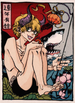 1boy black_shorts blonde_hair curled_horns dellinger_(one_piece) flower grin horns lantern looking_to_the_side lowres male_focus one_piece paper_lantern pink_flower pink_lips shark sharp_teeth short_hair shorts sitting smile solo teeth topless_male tutugui water