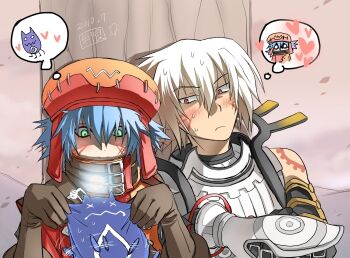 .hack// .hack//g.u. 2boys aqua_hair azure_kite belt_collar blush brown_gloves chim_chim collar commentary_request facial_mark facial_tattoo gloves green_eyes haseo_(.hack//) hat heart implied_yaoi male_focus mugenegg multiple_boys orange_hat patchwork_clothes red_eyes shoulder_tattoo speech_bubble stitches stretching struggling tattoo thought_bubble triangle triangle_facial_mark white_hair