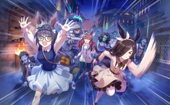 &gt;_&lt; 3girls @_@ ahoge alternate_costume animal_ears arm_up bag black_hair breasts brown_hair casual closed_eyes confused fence fleeing game_cg glasses handbag headband horse_ears horse_girl horse_tail large_breasts long_hair mihono_bourbon_(casual)_(umamusume) mihono_bourbon_(umamusume) multiple_girls night official_art open_mouth panicking pants rice_shower_(casual)_(umamusume) rice_shower_(umamusume) tail umamusume zenno_rob_roy_(casual)_(umamusume) zenno_rob_roy_(umamusume) zombie