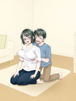1boy 1girl and_opi blue_pants blue_shirt breast_massage breasts brown_pants closed_eyes clothed_sex collarbone commentary_request couch glasses grabbing_another&#039;s_breast grabbing_from_behind green_eyes green_hair groping happy hetero highres incest indoors living_room looking_at_another looking_back mat medium_breasts mother_and_son open_mouth original pants pillow shirt short_hair short_sleeves smile t-shirt teeth upper_teeth_only v-neck white_shirt wooden_floor