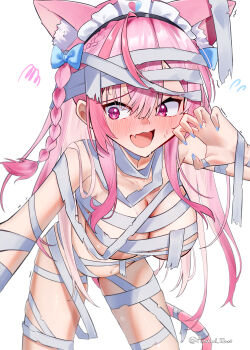 1girl absurdres ahoge animal_ears azumi_illust bandaged_head bandaged_leg bandages bent_over blue_bow blue_nails blush bow braid breasts cat_ears cat_girl claw_pose cleavage fang fingernails hair_bow heart heart_print highres indie_virtual_youtuber large_breasts long_hair looking_to_the_side maid_headdress mummy_costume nail_polish naked_bandage navel nervous_smile open_mouth pink_eyes pink_hair simple_background skin_fang smile solo stomach sweat thighs twitter_username two_side_up virtual_youtuber white_background yuuki_sakuna