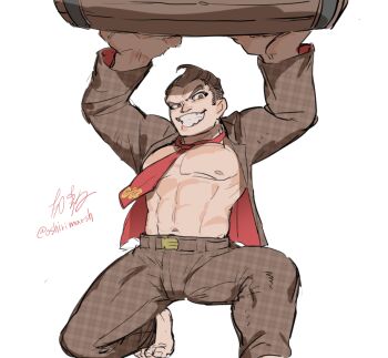 Rule 34 | 1boy, barefoot, barrel, brown hair, brown jacket, brown pants, dancho no mori, donkey kong, donkey kong (series), donkey kong country, grin, holding, holding barrel, humanization, jacket, large hands, looking at viewer, male focus, navel, necktie, nintendo, on one knee, open clothes, open jacket, pants, pectorals, raised eyebrows, red necktie, short hair, smile, solo