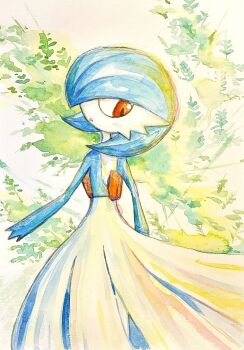 1girl back blue_hair blue_skin bob_cut colored_skin female_focus from_behind gardevoir gen_3_pokemon green_background hair_over_one_eye keishi_(pixiv_1245064) looking_back looking_down multicolored_skin nintendo one_eye_covered open_mouth orange_eyes painting_(medium) pokemon pokemon_(creature) short_hair solo standing traditional_media two-tone_skin watercolor_(medium) white_skin