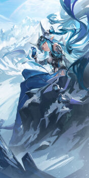 1girl absurdres arknights arknights:_endfield az'ruler bare_shoulders black_bodysuit blue_boots blue_gloves blue_hair blue_sky blunt_ends bodysuit boots breasts covered_horns detached_sleeves floating_hair gloves grey_hat hand_up hat highres horns last_rite_(arknights) long_hair looking_at_viewer medium_breasts mountain mountainous_horizon multicolored_bodysuit orange_eyes outdoors pointy_ears sitting sky solo thigh_boots very_long_hair white_bodysuit