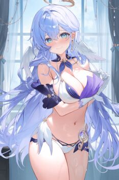 1girl adapted_costume animated animated_gif arm_under_breasts bikini bikini_top_pull breasts cleavage commentary_request detached_collar detached_sleeves elbow_gloves feathered_wings gloves green_eyes grey_hair hair_between_eyes halo head_wings honkai:_star_rail honkai_(series) jewel_under_eye large_breasts long_hair looking_at_viewer machi_(machi0910) navel patreon_username pulling_own_clothes robin_(honkai:_star_rail) smile solo swimsuit white_bikini white_gloves white_wings wings