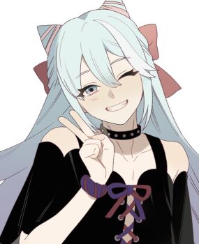 1boy black_collar blue_eyes blue_hair bow collar commentary double-parted_bangs dr_metagross english_commentary fire_emblem fire_emblem_engage hair_bow hair_horns head_tilt highres male_focus nintendo one_eye_closed red_bow rosado_(fire_emblem) simple_background smile solo trap upper_body v white_background