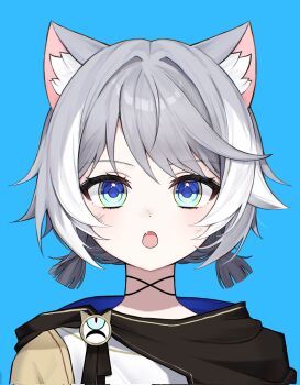 1girl :o animal_ear_fluff blue_background blue_eyes cat_girl charm_(object) child cipher_(honkai:_star_rail) cipher_(in_pursuit_of_the_wind)_(honkai:_star_rail) cloak fang grey_hair hashtag-only_commentary highres honkai:_star_rail honkai_(series) kom376986 low_twintails mixed-language_commentary official_alternate_costume short_twintails skin_fang twintails white_streaks