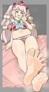 1girl absurdres barefoot blush clouet_(monster_hunter_riders) feet green_eyes highres long_hair looking_at_viewer monster_hunter_(series) monster_hunter_riders nairo open_mouth pink_hair soles steam toes twintails v