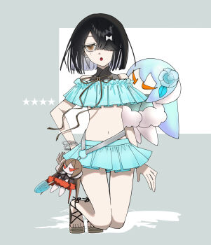 1girl absurdres aqua_bikini aqua_skirt bare_shoulders bikini black_hair breasts brown_eyes commentary_request fate/grand_order fate_(series) hair_over_one_eye highres kneeling lady_yu_doll looking_at_viewer miniskirt mole mole_under_eye navel open_mouth sandals short_hair skirt small_breasts swimsuit thighs tokumori_ramen xu_fu_(fate) xu_fu_(swimsuit_avenger)_(second_ascension)_(fate)