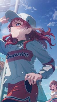 2girls ahoge blue_eyes brown_eyes cloud english_text gakuen_idolmaster game_cg hanami_saki hanami_ume hand_up hat idolmaster mist multicolored_hair multiple_girls official_art open_mouth railing red_hair shorts zipper