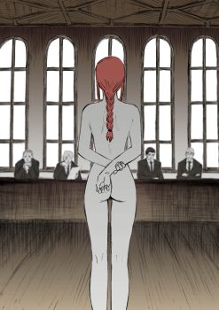 1girl 4boys absurdres arms_behind_back ass black_hair black_necktie black_suit blurry braid braided_ponytail chainsaw_man clothed_male_nude_female completely_nude depth_of_field formal_clothes from_behind head_rest highres holding holding_own_arm holding_paper makima_(chainsaw_man) multiple_boys necktie nude paper red_hair senaka_look sidelocks single_braid suit window