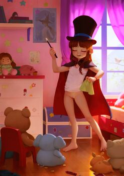 1girl absurdres alkemanubis barefoot bed bedroom bird bottomless cleft_of_venus curtains day earrings full_body gluteal_fold hat highres indoors jewelry loli magician mole mole_under_eye original pussy room roomscape solo standing stuffed_animal stuffed_elepahnt stuffed_toy teddy_bear toenails toes top_hat wand window