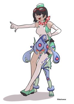 Rule 34 | 2girls, absurdres, barefoot, blue one-piece swimsuit, carrying, colored skin, derivative work, digimon, digimon (creature), digimon story: time stranger, disgust, dress, elbow gloves, fins, full body, gameplay mechanics, gloves, green dress, green hat, green skin, hat, head fins, highres, kakudrawmon, multiple girls, one-piece swimsuit, pointing, pun, ranamon, red eyes, riding digimon, shaded face, short hair, shoulder carry, simple background, single thighhigh, size difference, smile, swimsuit, thighhighs, white background, white dress, white gloves, yuuki kanan