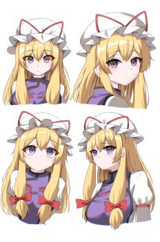 Rule 34 | 1girl, absurdres, blonde hair, bow, breasts, commentary, dress, hair bow, hat, hat ribbon, highres, kiui (dagk8254), long hair, looking at viewer, looking to the side, mob cap, multiple views, puffy sleeves, purple eyes, purple tabard, red bow, red ribbon, ribbon, sidelocks, simple background, tabard, touhou, upper body, white background, white dress, white hat, yakumo yukari