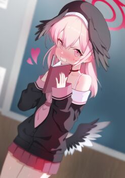 Rule 34 | 1girl, angel wings, blue archive, blush, book, halo, indoors, koharu (blue archive), looking at viewer, pink eyes, pink hair, pink halo, school uniform, serafuku, skudd367, solo, wings