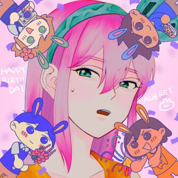 Rule 34 | 1girl, 4boys, animal ears, aubrey (faraway) (omori), aubrey (omori), basil (faraway) (omori), basil (omori), black eyes, black hair, black sweater vest, blonde hair, blue eyes, blue hairband, blue sweater, blush, bouquet, brown eyes, brown hair, brown pants, brown shorts, camera, chibi, chocolate chip cookie, closed mouth, collared shirt, commentary request, cookie, dark-skinned male, dark skin, double-parted bangs, flower, food, hair flower, hair ornament, hairband, happy birthday, hero (faraway) (omori), hero (omori), highres, holding, holding bouquet, holding camera, holding party popper, holding plate, kel (faraway) (omori), kel (omori), kemonomimi mode, long hair, long sleeves, looking at viewer, msdnno kabe, multiple boys, omori, open mouth, orange shorts, pants, party popper, pink hair, plate, rabbit boy, rabbit ears, shirt, short hair, shorts, sunny (omori), sweatdrop, sweater, sweater vest, teeth, upper teeth only, white shirt