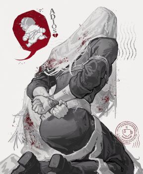 1boy 1girl bound bound_torso bound_wrists charon_(reverse:1999) coat commentary english_commentary from_behind full_body gloves grey_background highres imainacup kneeling merel_(reverse:1999) restrained reverse:1999 shoes solo speech_bubble spoken_character spot_color tied_up_(nonsexual) veil watermark